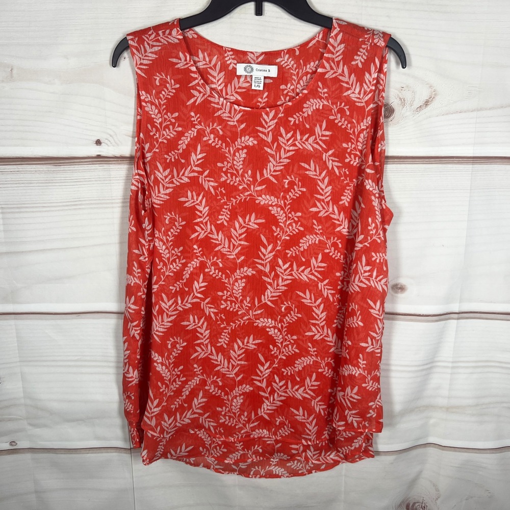 Cristina B Sleeveless Top Womens L Orange Leaf Print Chiffon Tank Tunic Casual